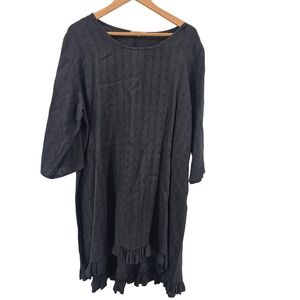 Bryn Walker Black Linen Eyelet Dress Large Ruffle Hem Lagenlook Midi Textured